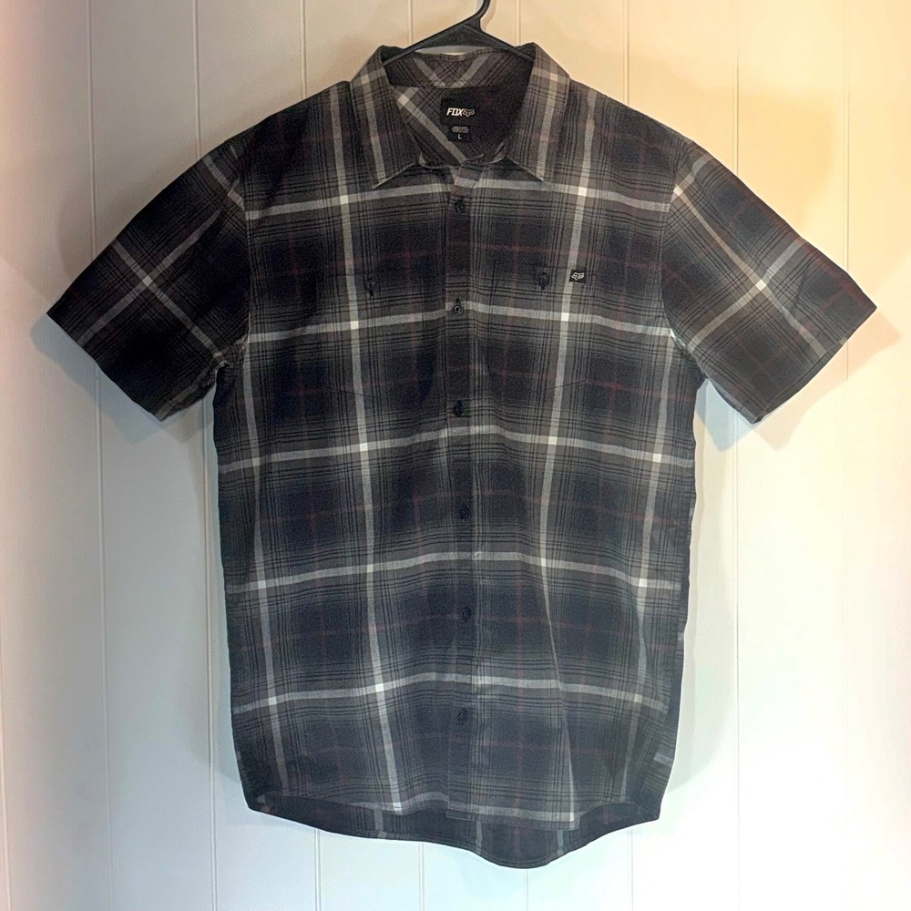 Fox Racing Mens Large Short Sleeve Plaid Button Down Shirt Grey Black Red